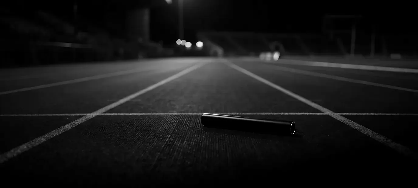 A relay baton lying on an empty running track at night